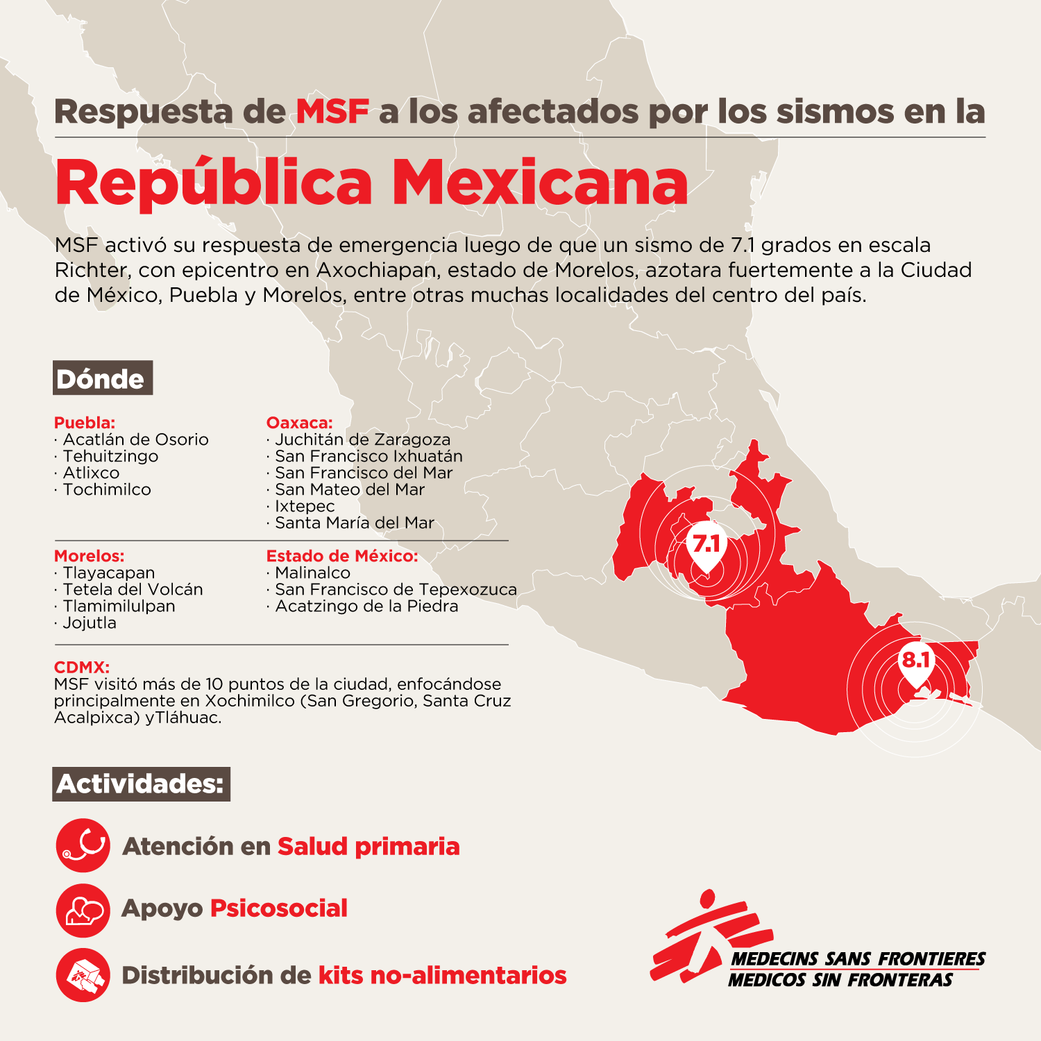 Mapa de México que muestra la respuesta de los equipos de MSF al terremoto.
