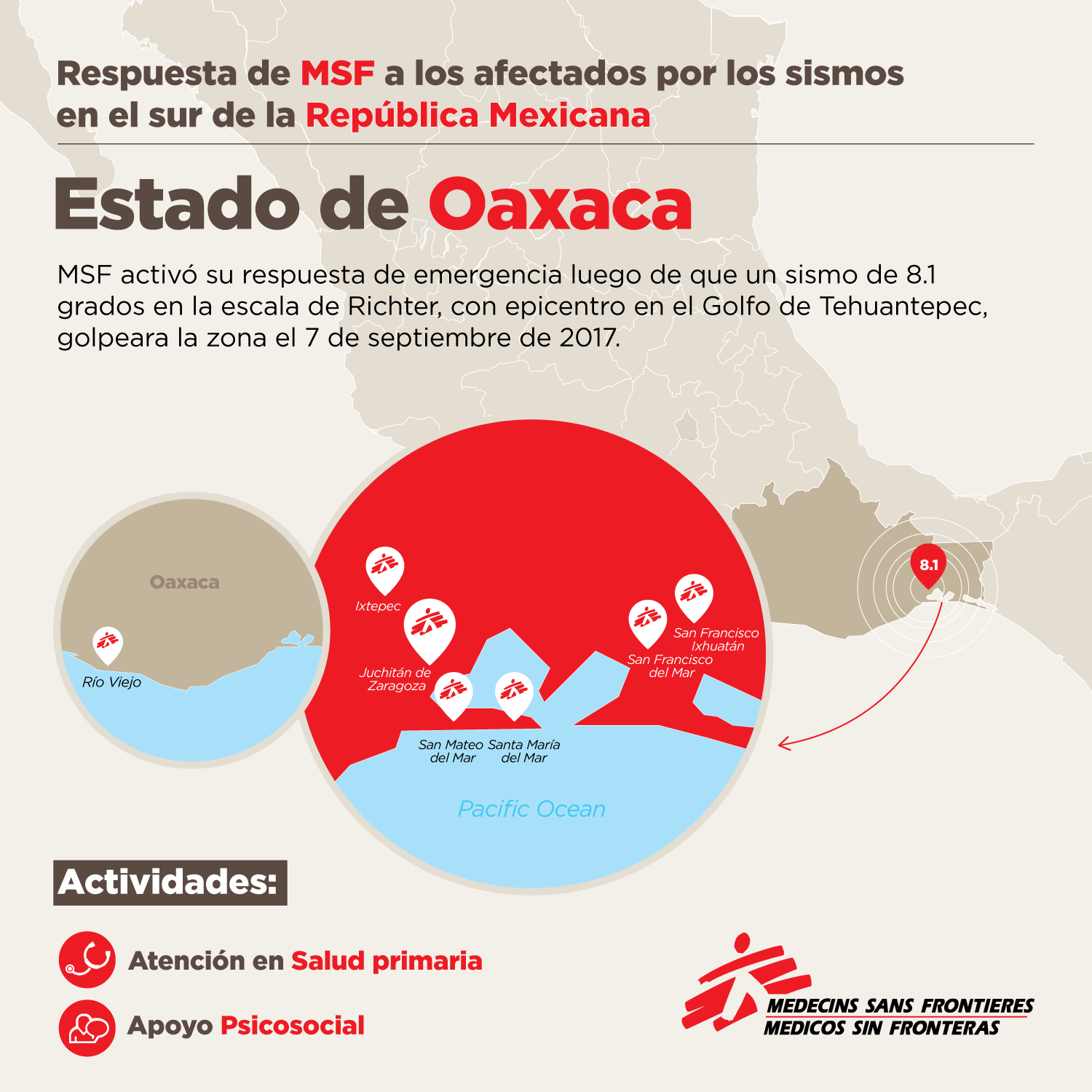 Mapa del Estado de Oaxaca, México, que muestra la respuesta de MSF a los terremotos.