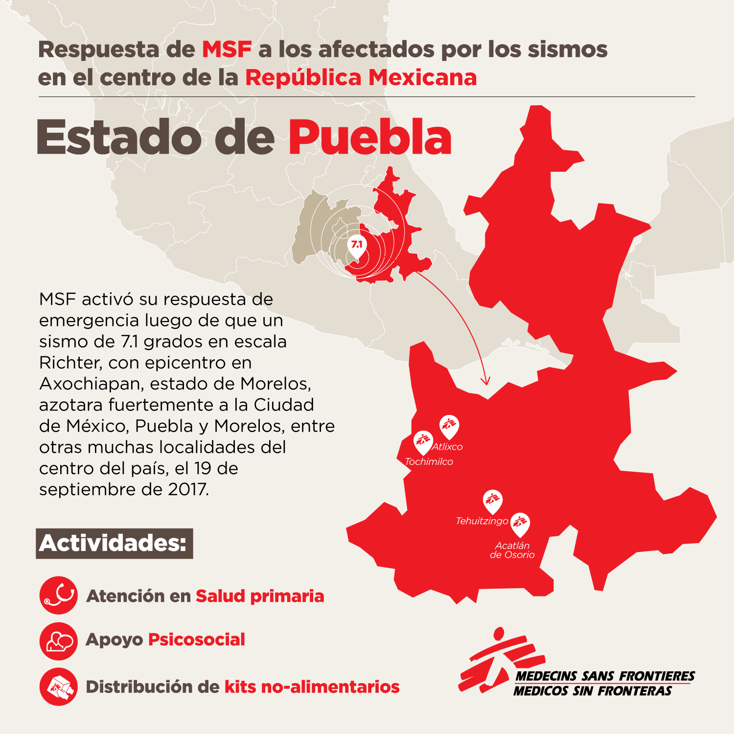 Mapa del Estado de Puebla, México, que muestra la respuesta de MSF a los terremotos.