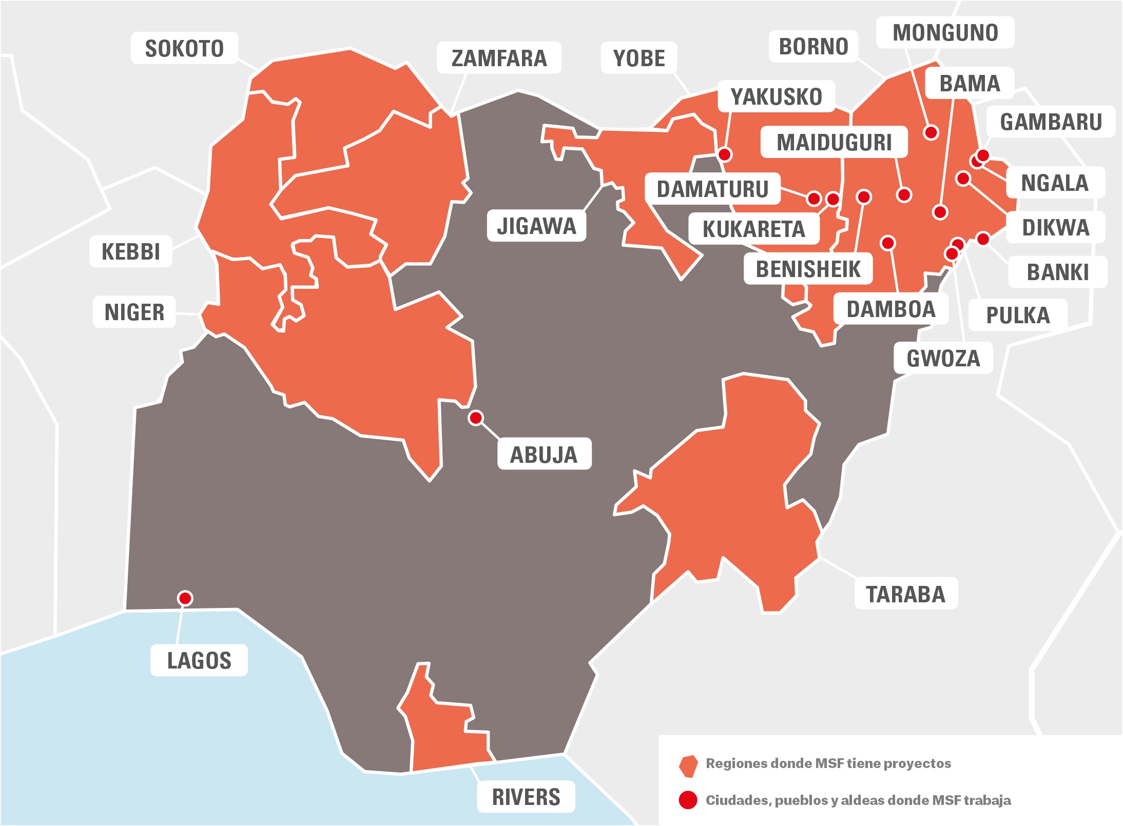 Mapa de Nigeria que muestra las regiones donde Médicos Sin Fronteras tiene proyectos y las ciudades, pueblos y aldeas donde trabajan.