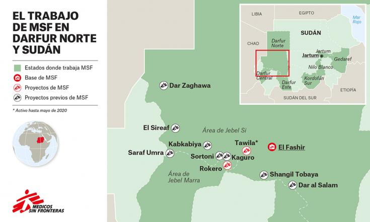 Mapa de ubicación de los proyectos que MSF había estado realizando en Darfur del Norte, Sudán.