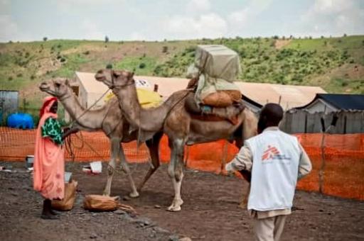 Los camellos llevan los suministros médicos a Umo, Sudán. MSF utiliza camellos para los suministros y materiales más pesados, y burros para transportar personas.